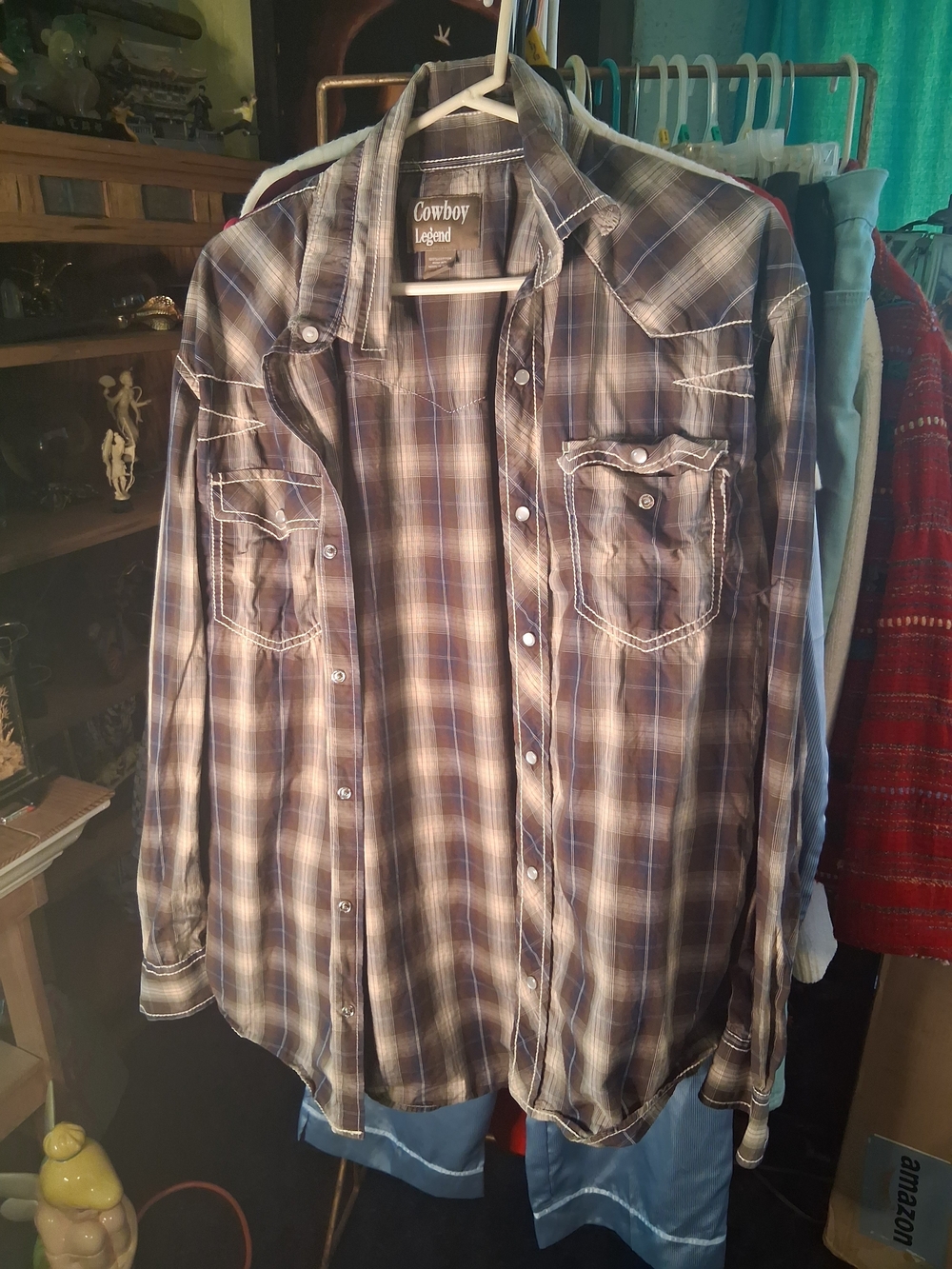 Cowboy Legend Men's Plaid Button-Down Shirt in Brown and Blue